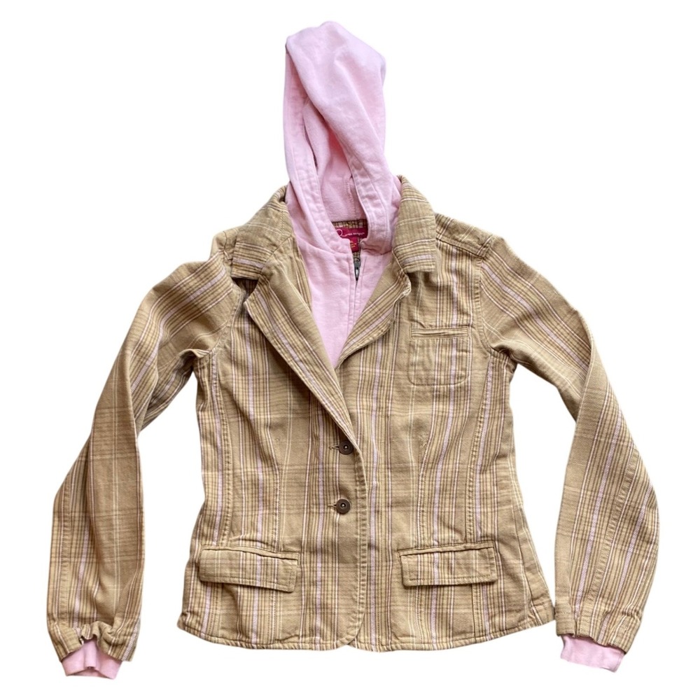 Limited Too Kids Tan Pink Plaid Blazer Jacket with Attached Hoodie Size XL,‎ Y2K